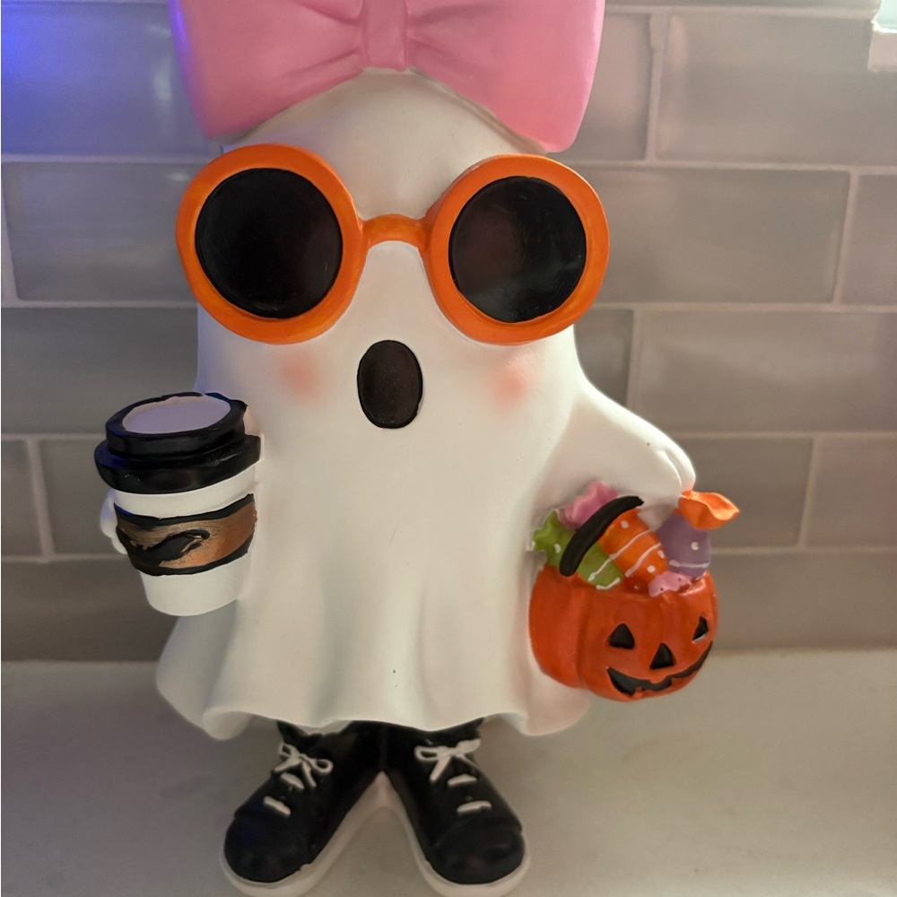 Viral Halloween Ghost Girl with Pink Bow Sunglasses and Coffee Decor Summerween